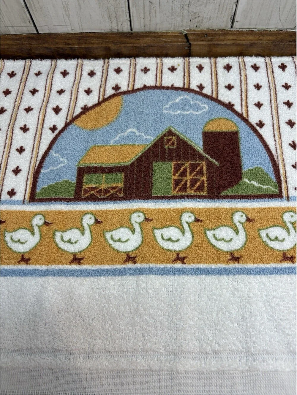Vintage 1980s HALF Kitchen Hand Cut Towel Farm Duck Goose Scene Barn Cottage